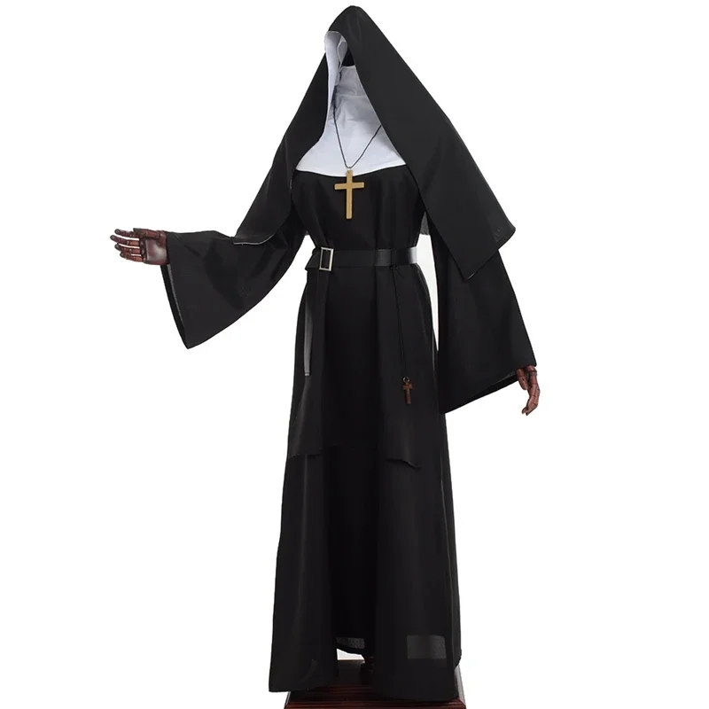 Trajes de Halloween para Mulheres, Freira Assustadora Cosplay, Vestido Preto, Virgem Maria, Carnaval, Traje Medieval Demoníaco, S-3XL, Tamanho Grande, 2024