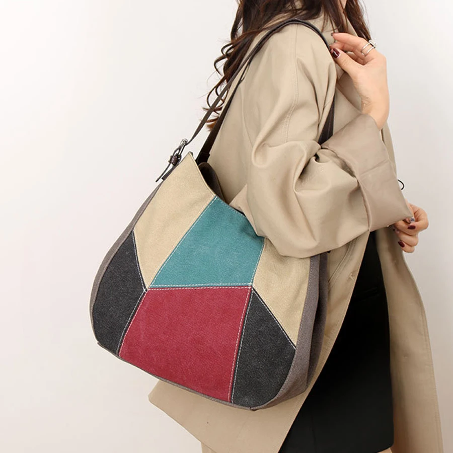 Large-capacity canvas bag for women color-blocking large-capacity artistic shoulder bag panelled crossbody bag travel handbags