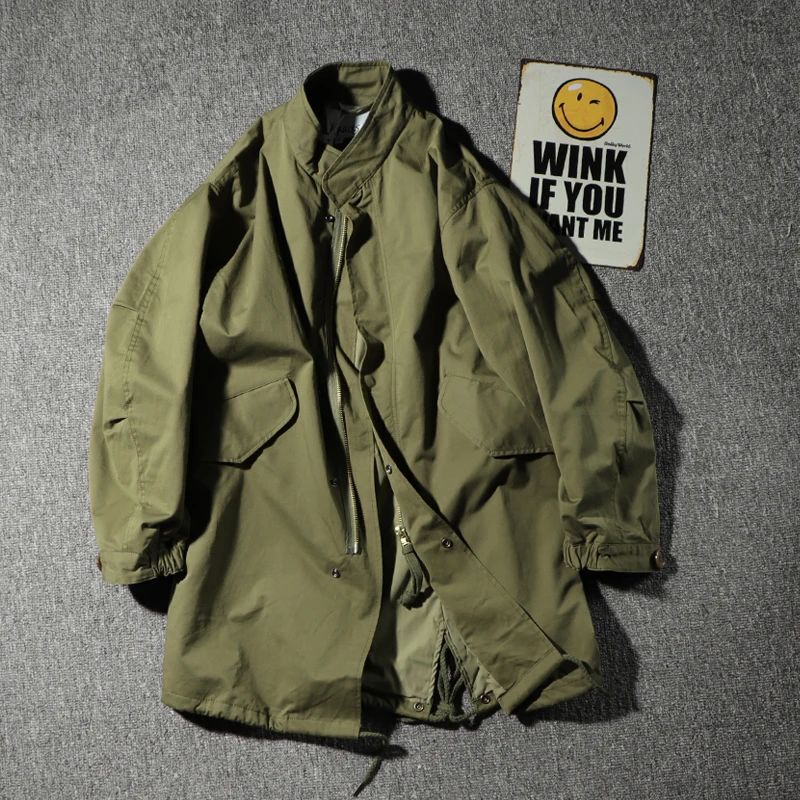 Japanese Sle Army Green M5 Trench Coat Men's Loose Profile M65 Fishtail Jacket Mid Length Long Length Oversize Outwear