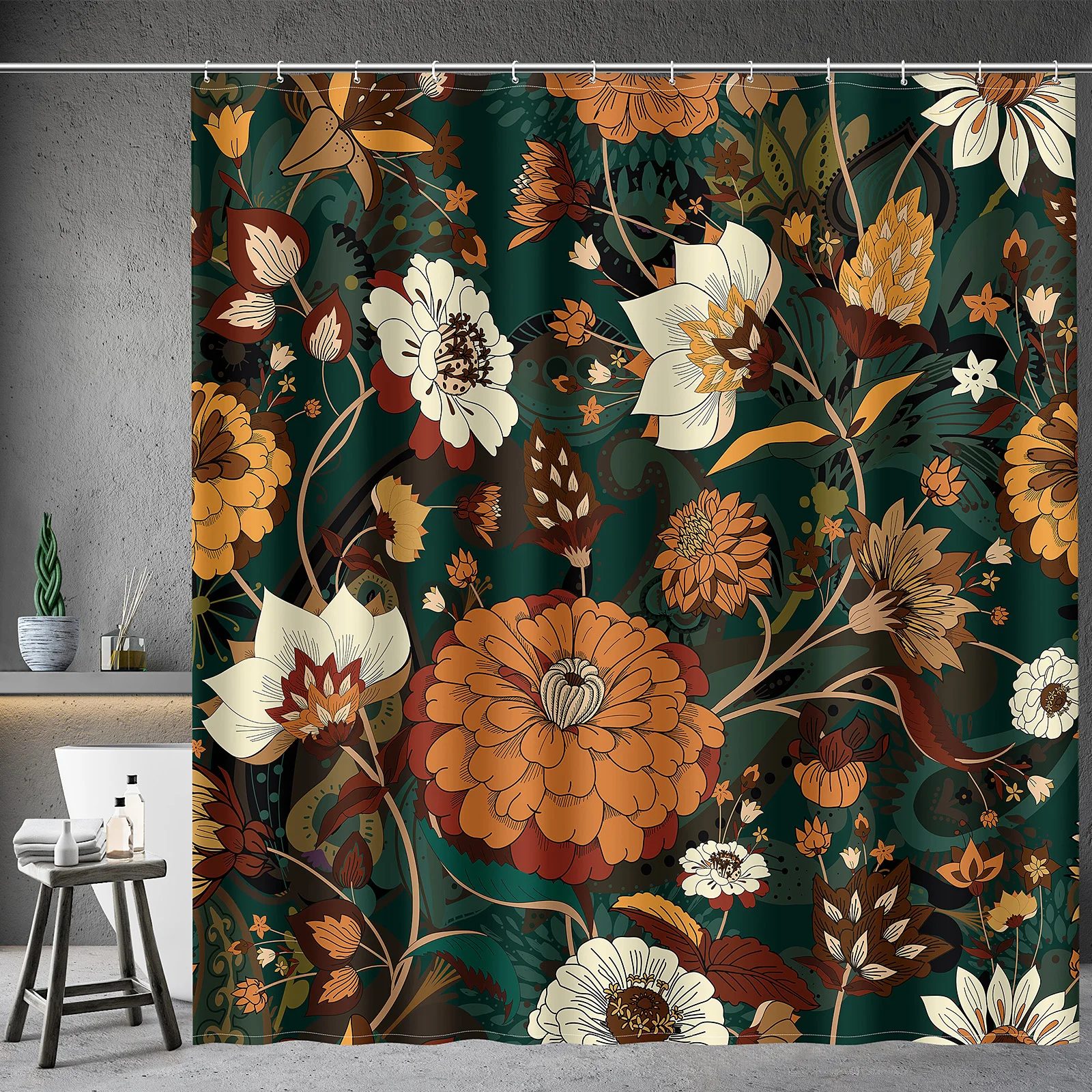 

Waterproof polyester fabric Dark Green Boho Flowers Botanical Leaves Bath Shower Curtain with 12 Hooks,Bathroom Decor,72x72inch