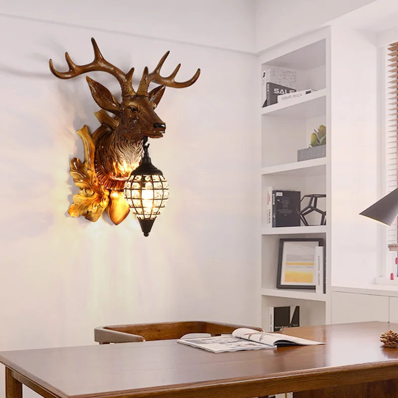 

Deer Antler Deer Head Wall Lamp American Retro Style Living Room Bedside Decoration Bedroom Corridor Bar Craft Wall Pendant Lamp