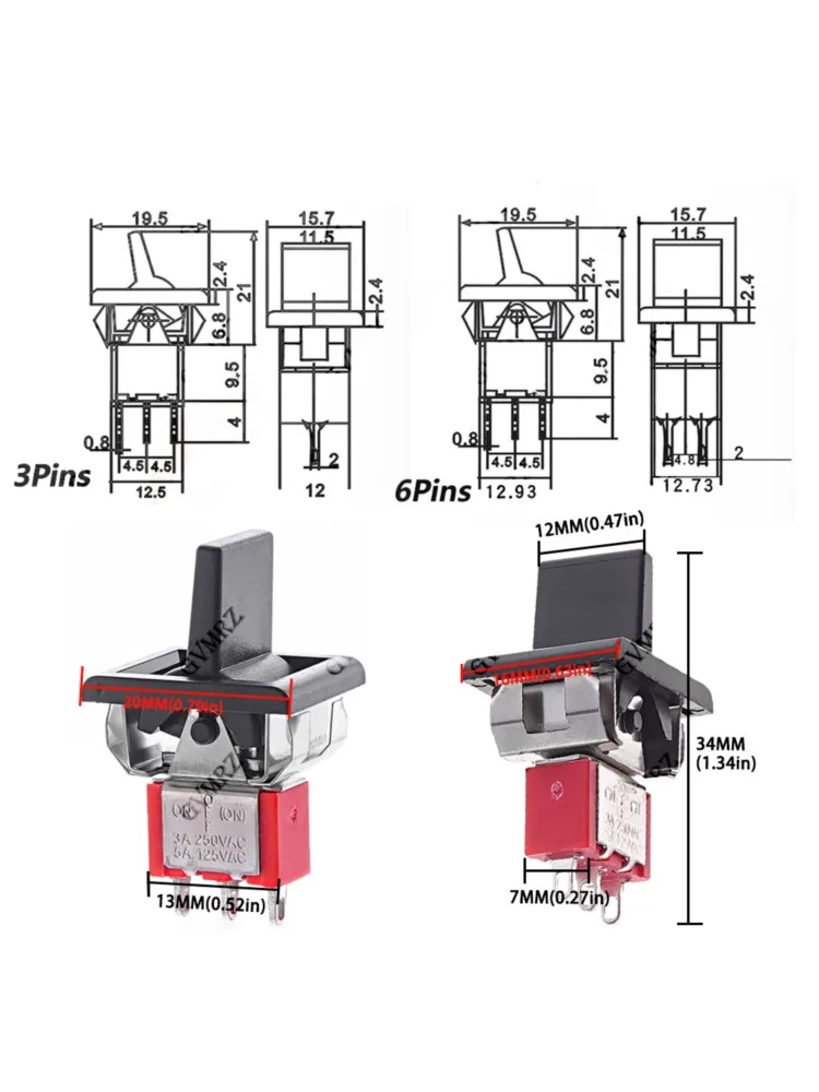 1 Stück 3P/6P 5A/125VAC SH T80-R Serie Mini-Kippschalter Quadratische Einrastmontage für Schalttafel