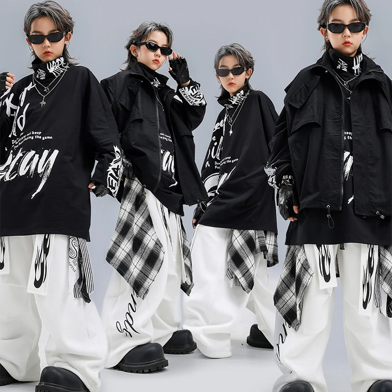 쿨 키드 힙합 댄스 의상 블랙 오버사이즈 탑 화이트 배기 팬츠 청소년 스트리트 댄스 의류 학교 공연 재즈 의상 VDL4733