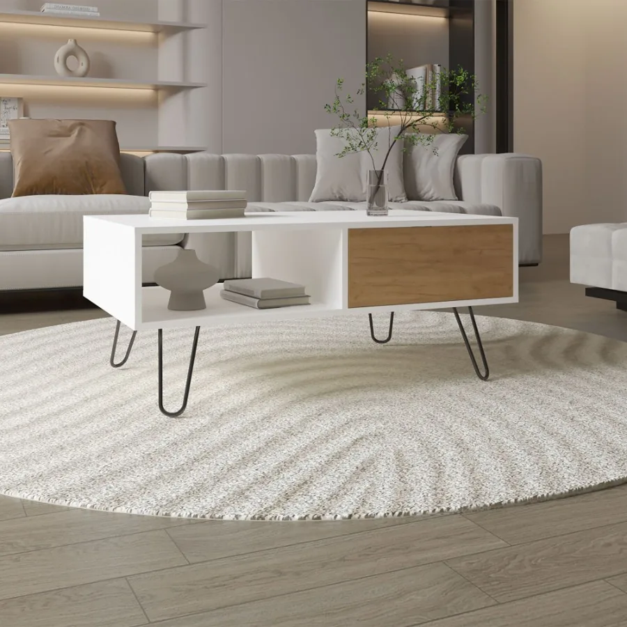 

Tori 39 Wide Coffee Table with One Drawer One Shelf Rectangular Living Room White NAtural Oak