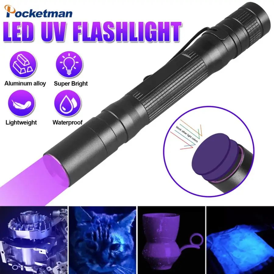 ミニUV LED懐中電灯,ポータブル紫外線ランプ,黒色光,ペットの尿汚れ検出器,365 nm