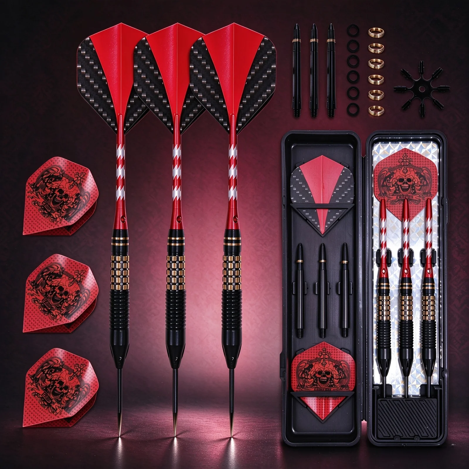Professional Steel Tip Darts Set, Darts with Knurled Brass Barrel, Dart Set for Indoor Game（Red/Black)