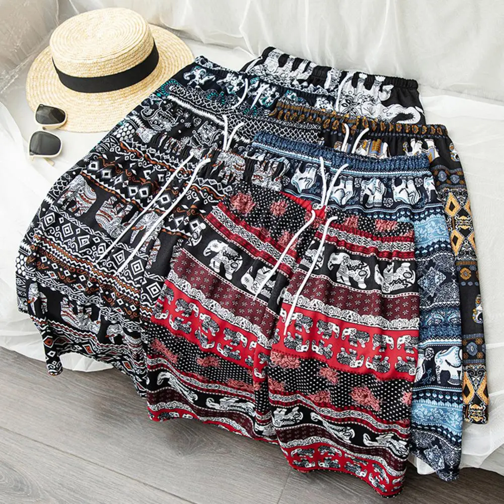 Women Summer Shorts Thiland Elephant Print Drawstring Elastic Waist Loose Soft Beach Travel Shorts Homewear Pajamas Shorts шорти