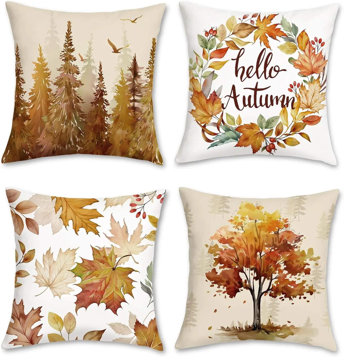 

4pcs Autumn Forest Maple Leaf Tree Watercolor Printed Pillow Cover Polyester Cushion Case 2D Flat Fall Season Home Decor Now