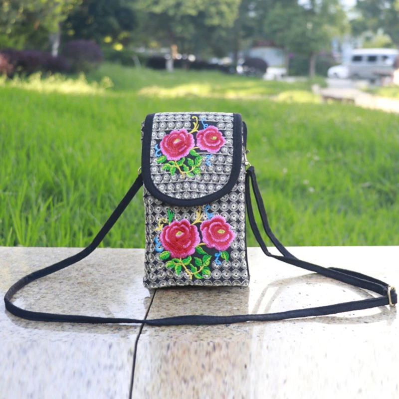 Lady Cell Phone Bag Crossbody Shoulder Wallet Purse Handbag Pouch Ethnic Style Embroidered Bags Flip Canvas Retro Small Bag