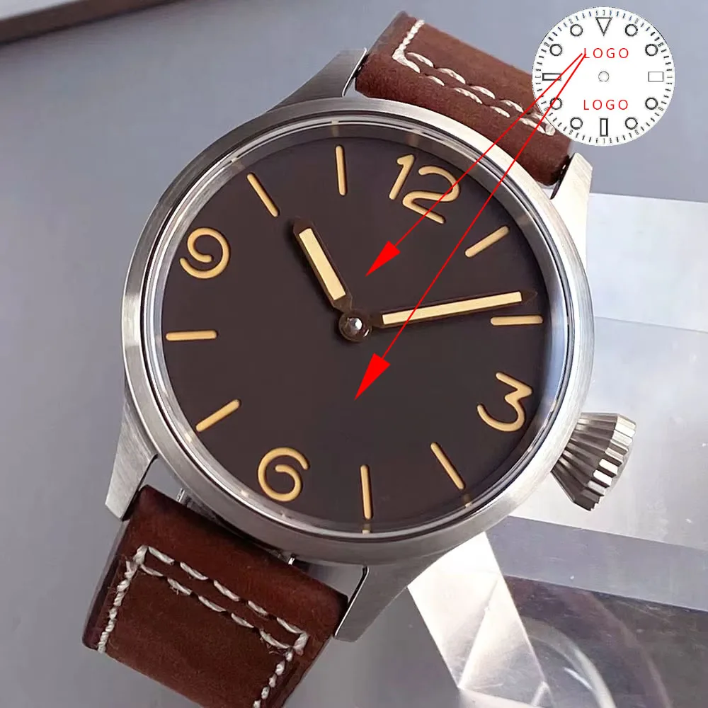 

Customized New 43mm Mechanical Men's Watch Sapphire Glass Black Dial Hand Winding Movement Wristwatch Big Crown Glass Back