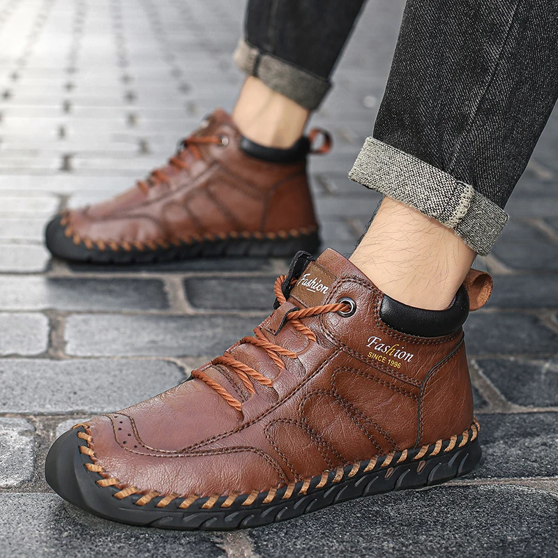 

Autumn Handmade sewing Leather Men Boots lace up Outdoor Design Sneakers Man Casual Leather Shoes Men Ankle Boots big szie 48