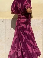 Vestido Sexy con cuello en V y hombros descubiertos, vestido estampado Floral, informal, manga chal, cintura alta, plisado, novedad de verano, vestidos de banquete de malla para mujer