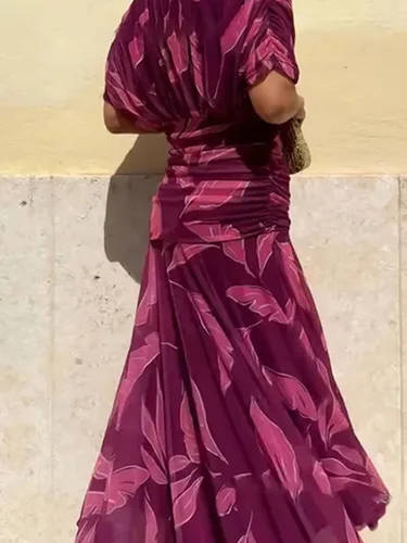 Imagen 1 del producto Vestido Sexy con cuello en V y hombros descubiertos, vestido estampado Floral, informal, manga chal, cintura alta, plisado, novedad de verano, vestidos de banquete de malla para mujer