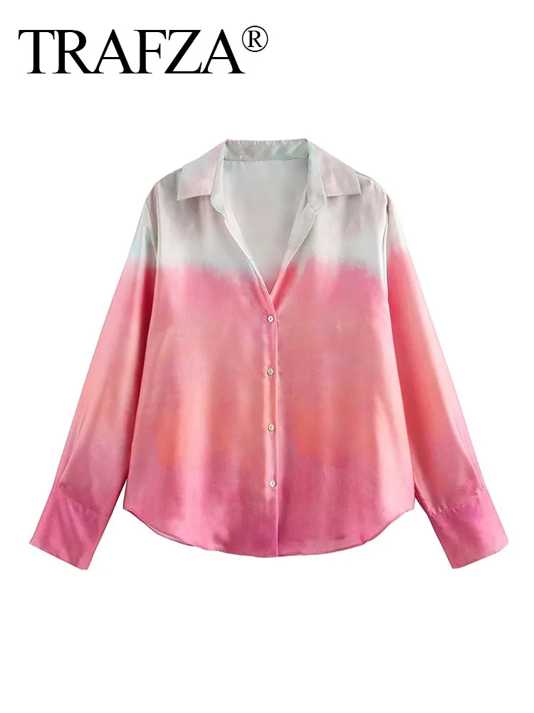 TRAFZA Summer Blouse Woman Trendy Tie Dye Turn-Down Collar Long Sleeves Single Breasted Female Gradient Casual Shirts 2 Color