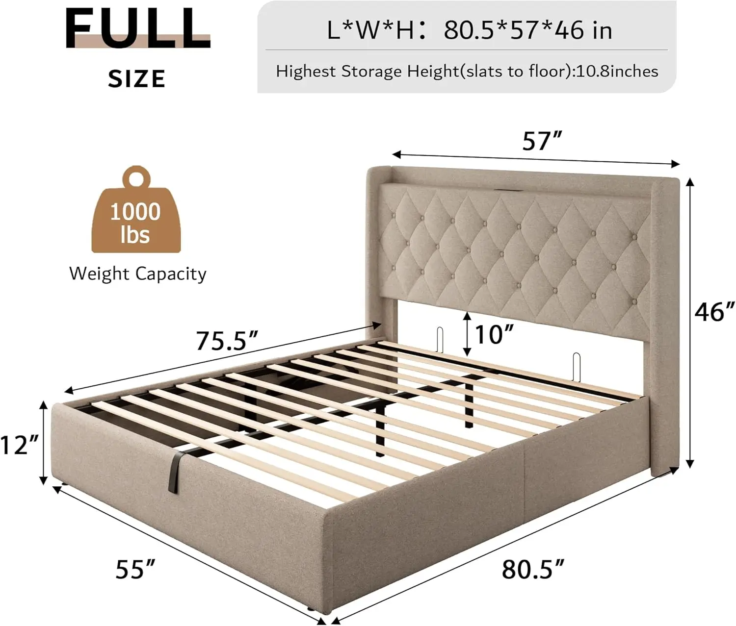 Full Size Lift Up Storage Bed Frame with Charging Station, Upholstered Platform Bed Frame with Tufted Headboard