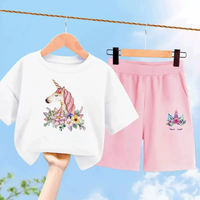 Girls Unicorn Clothing Summer T-shirt Short Pants 2-piece Set Children Short Sleeved Cotton Clothes 3-13Y