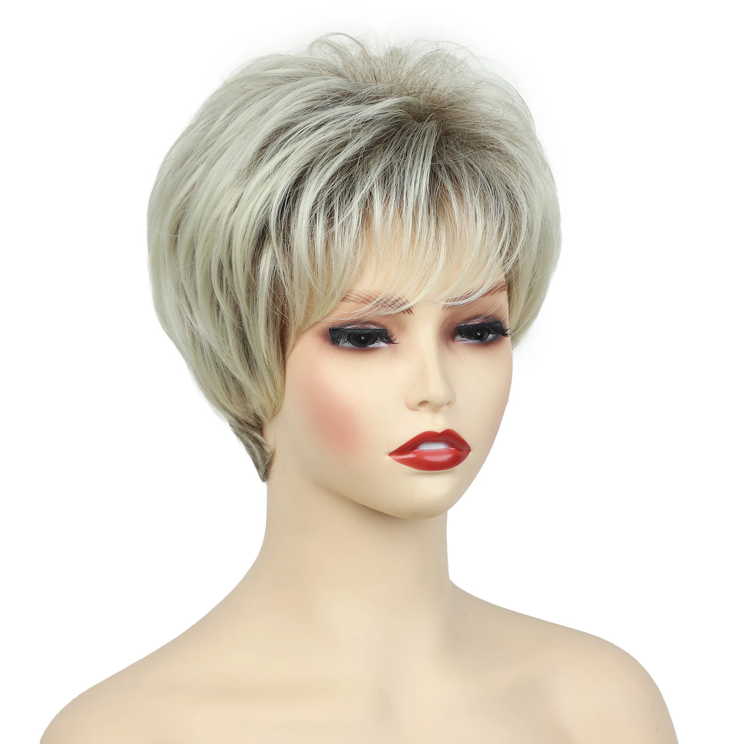 Pixie Cut Blonde Ombre Hair Women\'s Fashion Short Synthetic Wigs Daily Party Wigs for Mommy Fluffy Natural Curly Wavy Wig