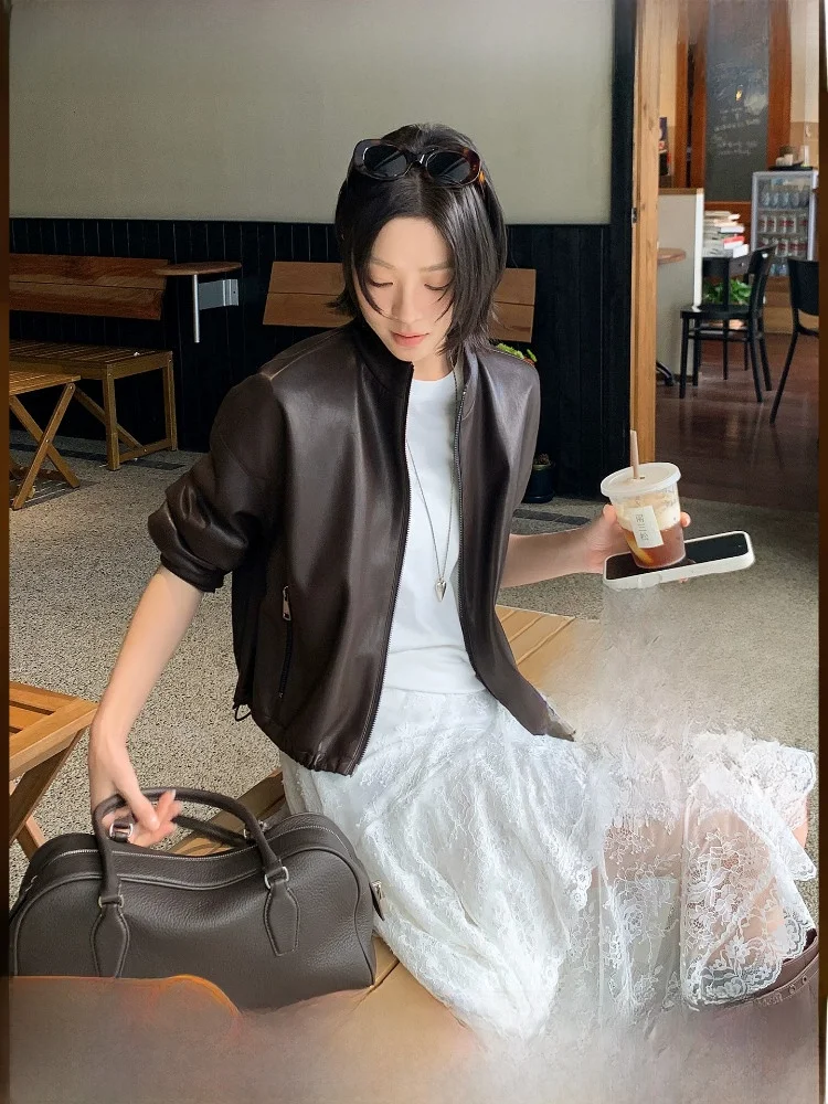 

Coolness Overloaded MEIYANG Cacao Wine Leather Jacket Stand Collar Short PU Zipper up Top for Young Women Street Style