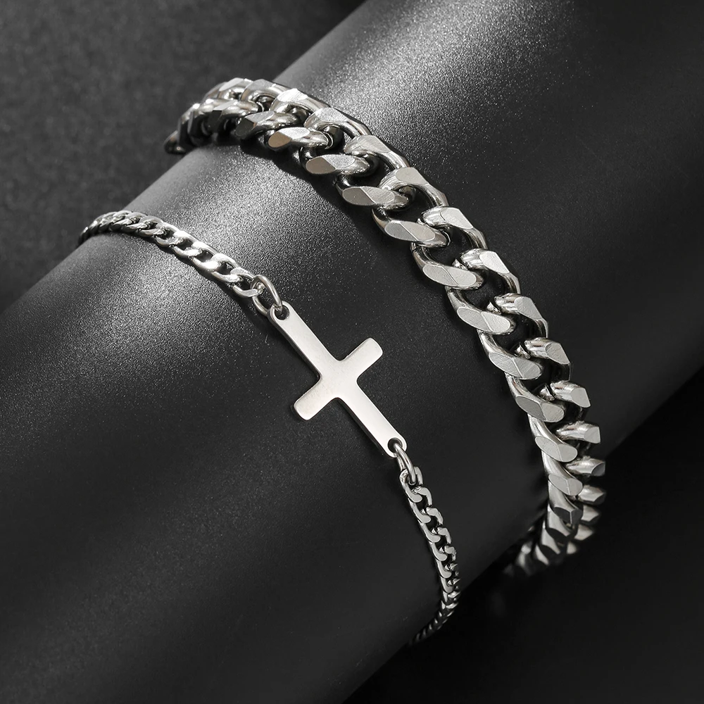 

Hip Hop Punk Cross Cuban Chain Bracelet Set for Men 2025 New Stainless Steel Snake Chain Bracelets Fashion Unisex Jewelry Gifts
