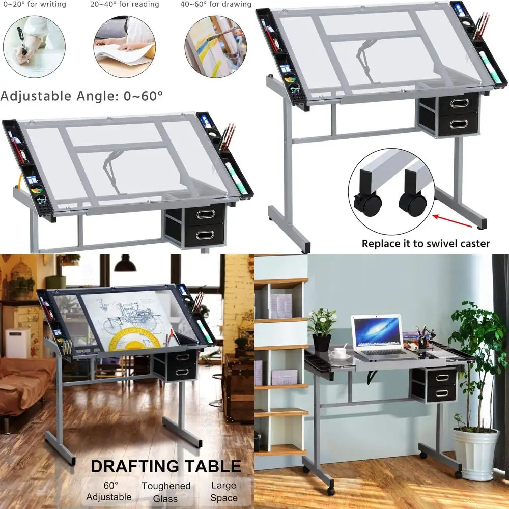 

Регулируемый стол для творчества со стеклянной столешницей и 2 колесиками для домашнего офиса или рабочего пространства