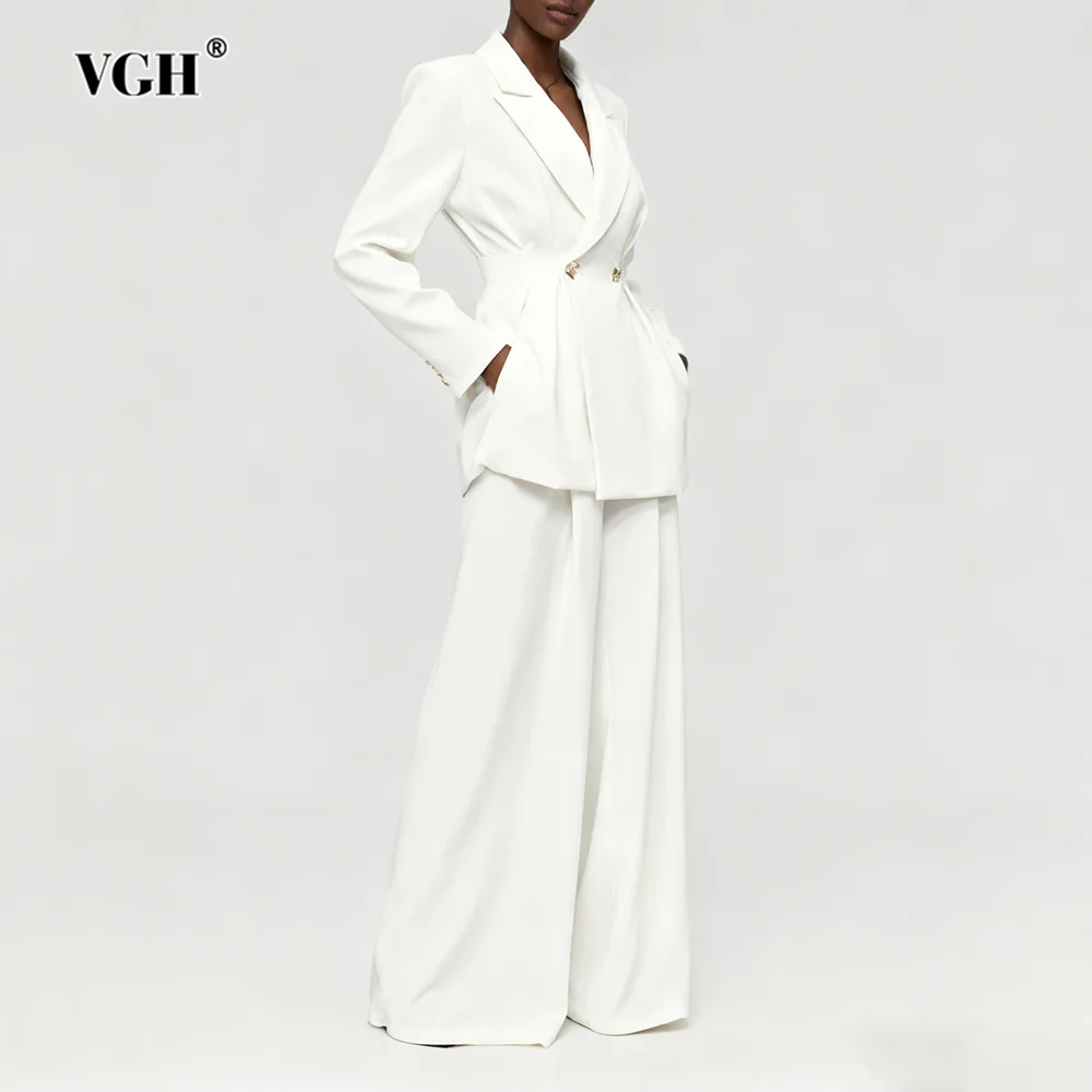 

VGH Solid Slimming Two Piece Sets For Women V Neck Long Sleeve Top High Waist Pants Spring Temperament Set Female Fashion New