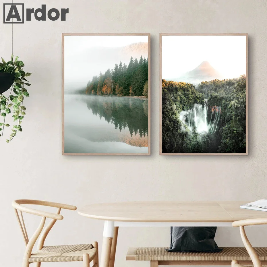 Nordic Forest Lake Poster Steam Train Mountains Rivers Canvas Painting Prints Flying Birds Wall Art Picture Home Decals Decor