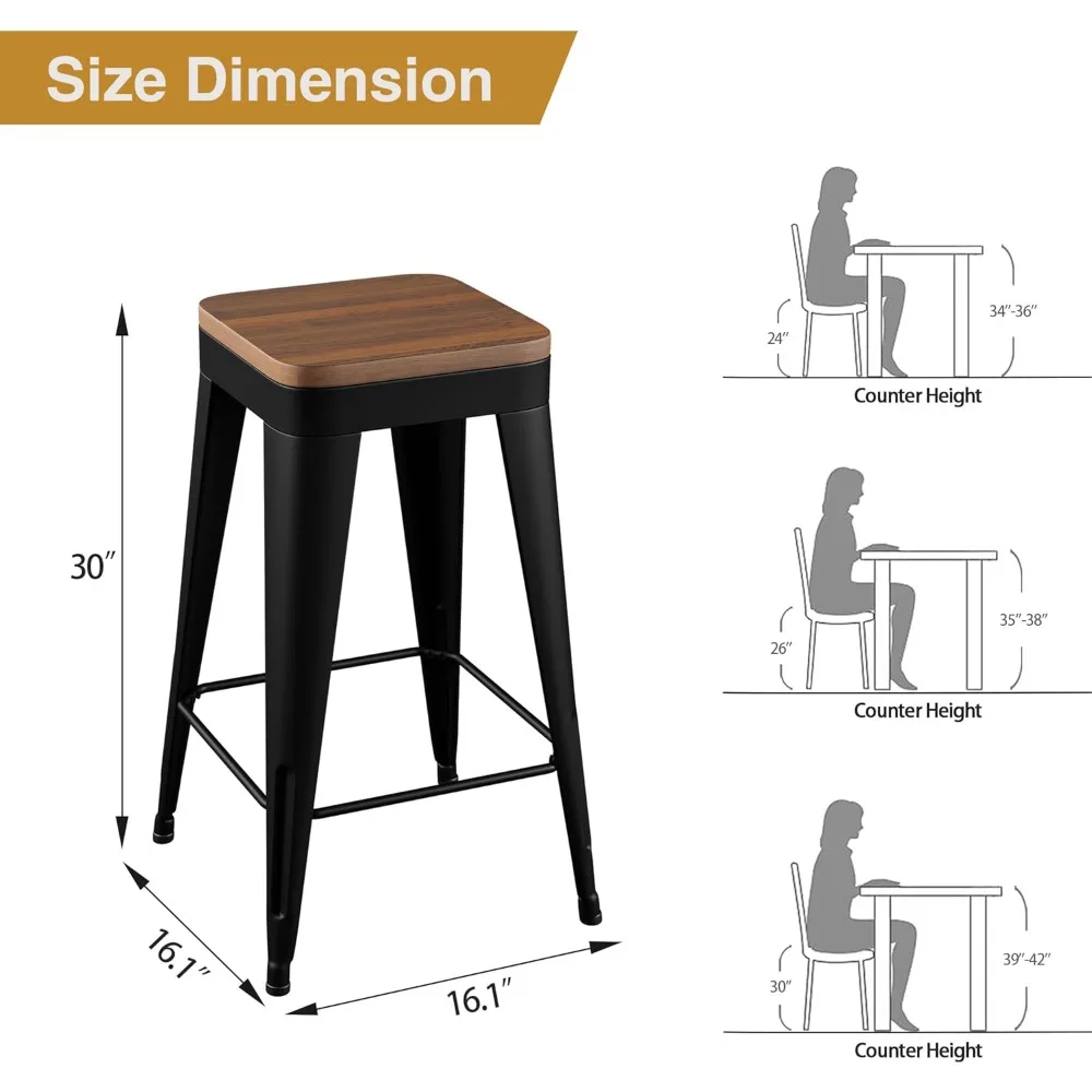 현대적인 금속 바 의자 4개 세트, 카운터 높이 30, 검정색, 나무 시트, 현대식 주방용 등받이 없는 바 의자