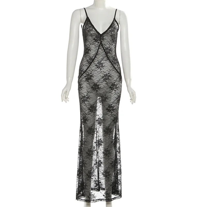 Black Lace See Through Dress for Women Sexy Sheer Backless Slim Maxi Beach Dresses Spaghetti Strap Night Club Party Dress 2025