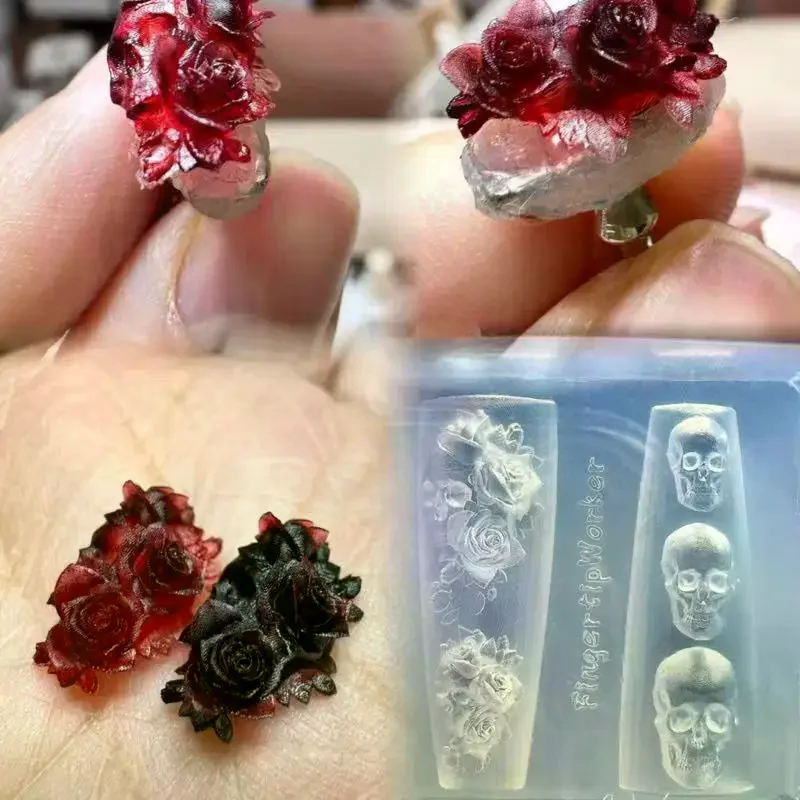 Accessory Rose Flower Skull Silicone Nail Art Molds Diy Skeleton Hand Design Transparent Carving Mold Decorations