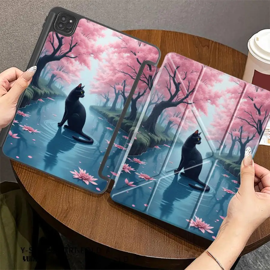 Cherry Blossom Cat Tablet Case For iPad Pro 2025 Mini 6 7 Pro 11th 10th 9th 8th 7th 12.9inch Air 4 5 M3 M2 1 2 M4 11inch Holder