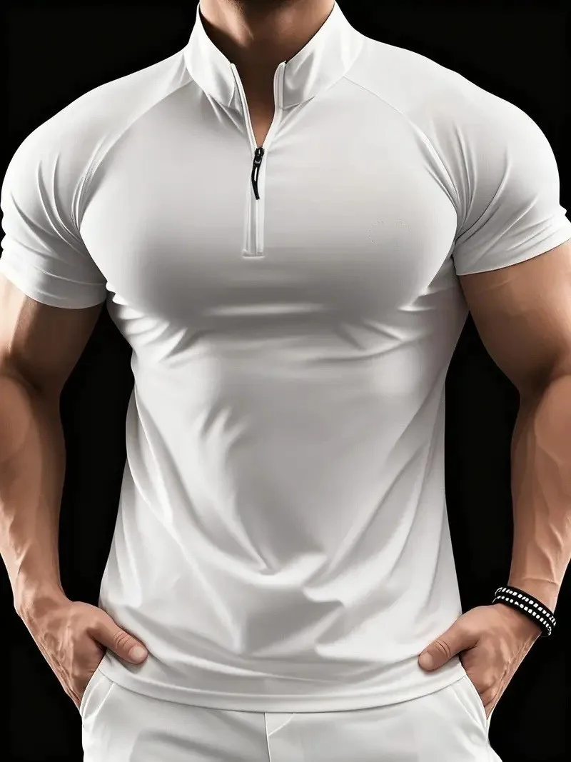 

New Summer Men's Slim Fit Quick Dry T-Shirt Half Zip Stand Collar High Elastic Breathable Casual Sports Tee For Gym Running
