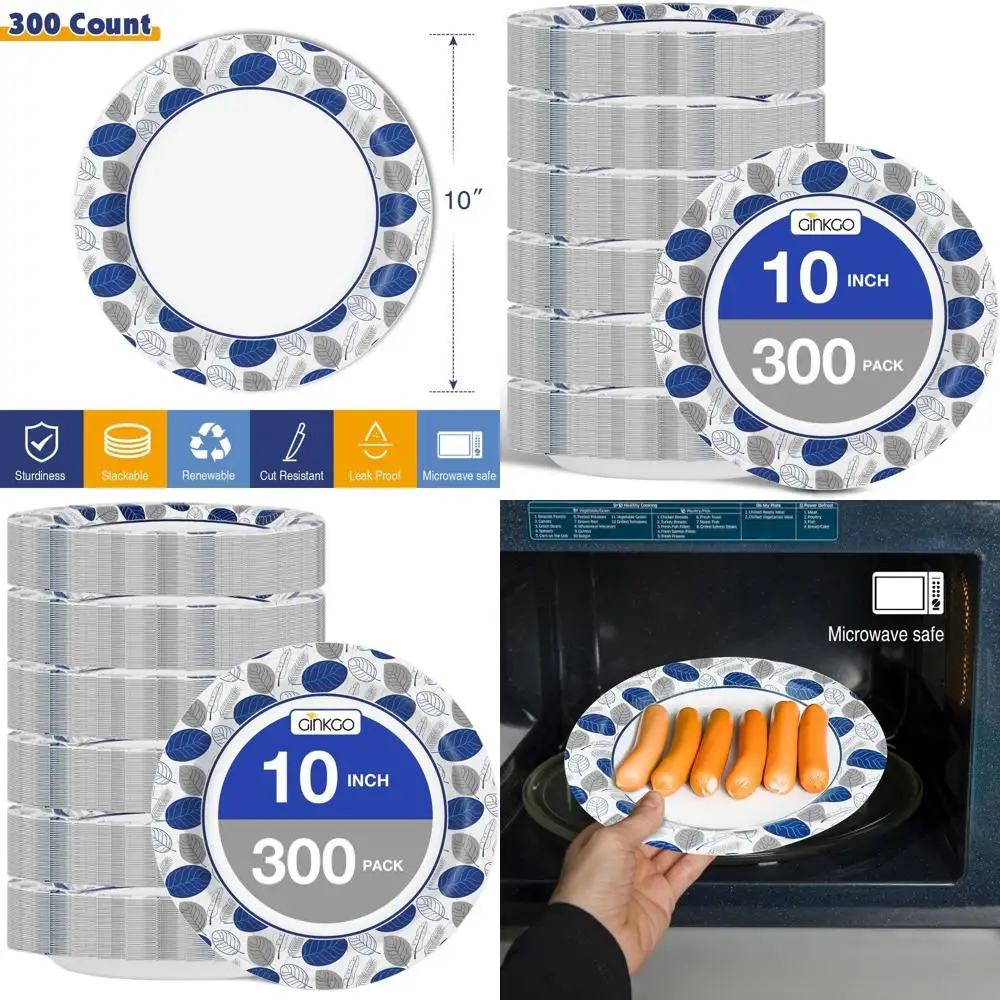 

100 Pack 10 Inch Durable Paper Dinner Plates, Leak-Proof & Cut Resistant, Ideal for Parties, Picnics and Everyday Use