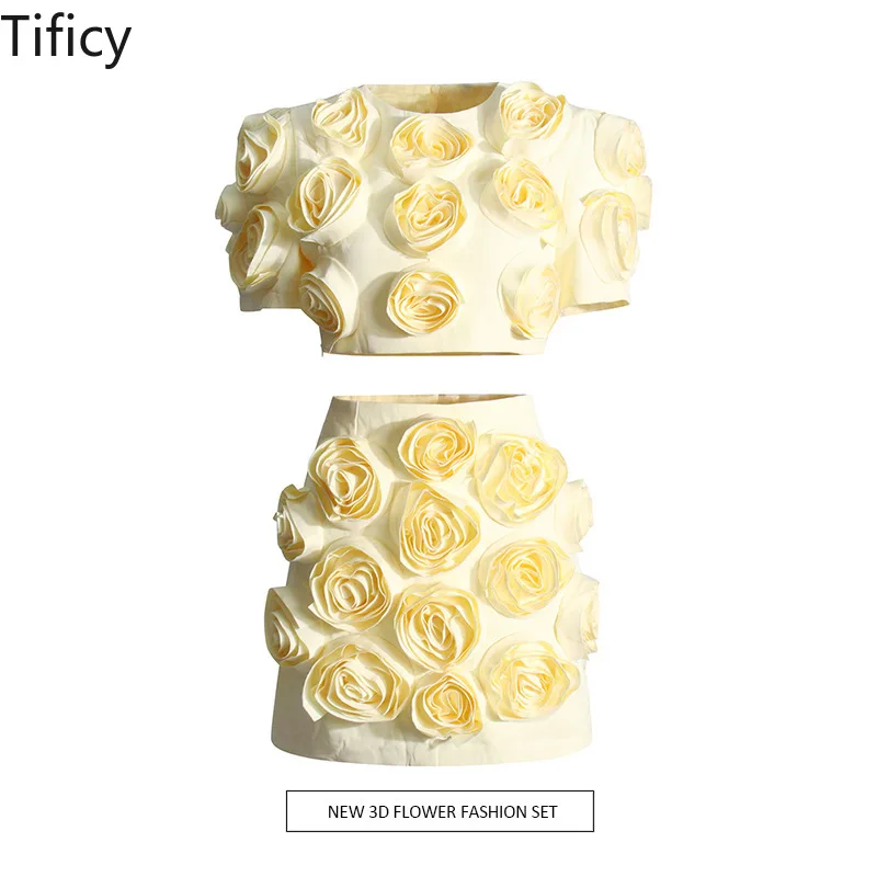 

TIFICY Elegant Splicing Three-dimensional Flower Two Piece Set Women's New Bubble Sleeve Top+high Waisted A-line Short Skirt
