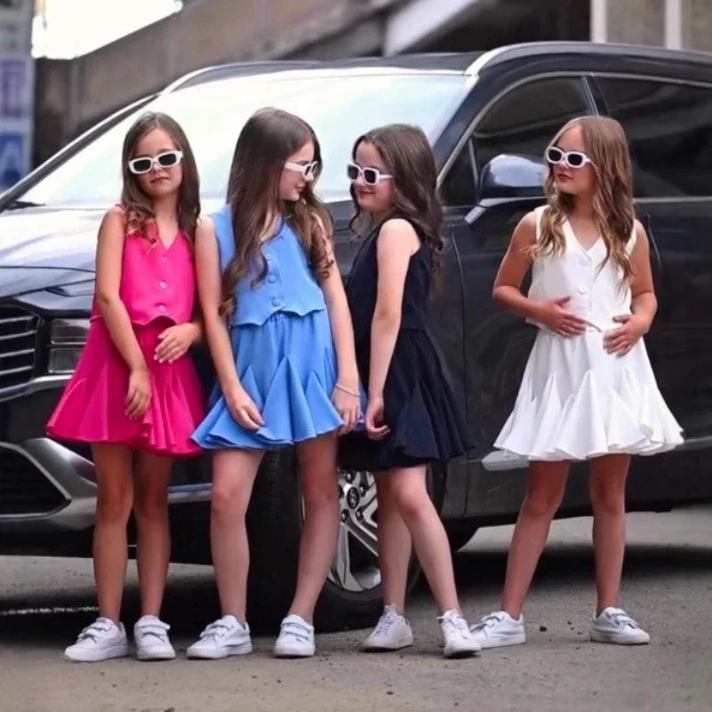 طقم مكون من قطعتين لربيع وصيف 2021 للفتيات لربيع وصيف جديد بلون سادة وتنورة بنصف ذيل السمكة