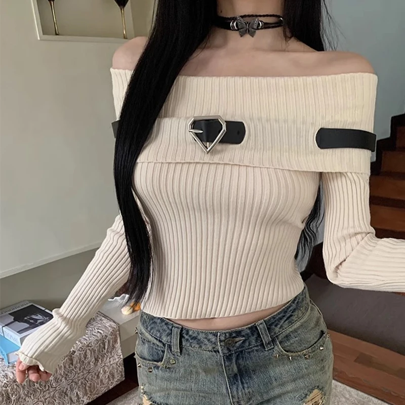 Women Off Shoulder Knitted Crop Tops Long Sleeve Slim Fit Belt Sweaters Autumn Ribbed T-Shirts Korean Harajuku Streetwear