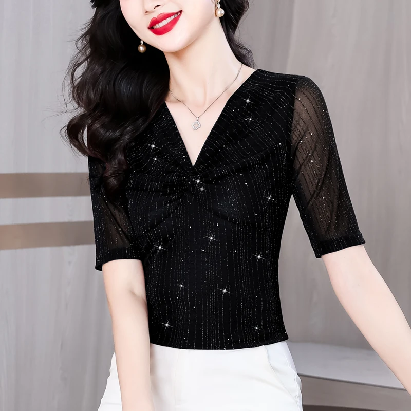 Korean Fashion Women T Shirt V-neck Shiny Pleated Mesh Tops Bright Silk Short Sleeve Casual Shirt
