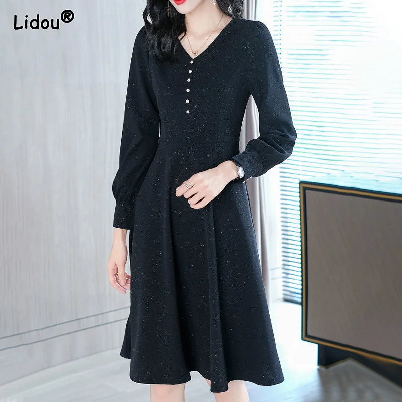 

Fashion Office Lady Black Slim Long Sleeved Dress Autumn Solid Color V-neck Popularity Slender Comfortable Women's Clothing 2022