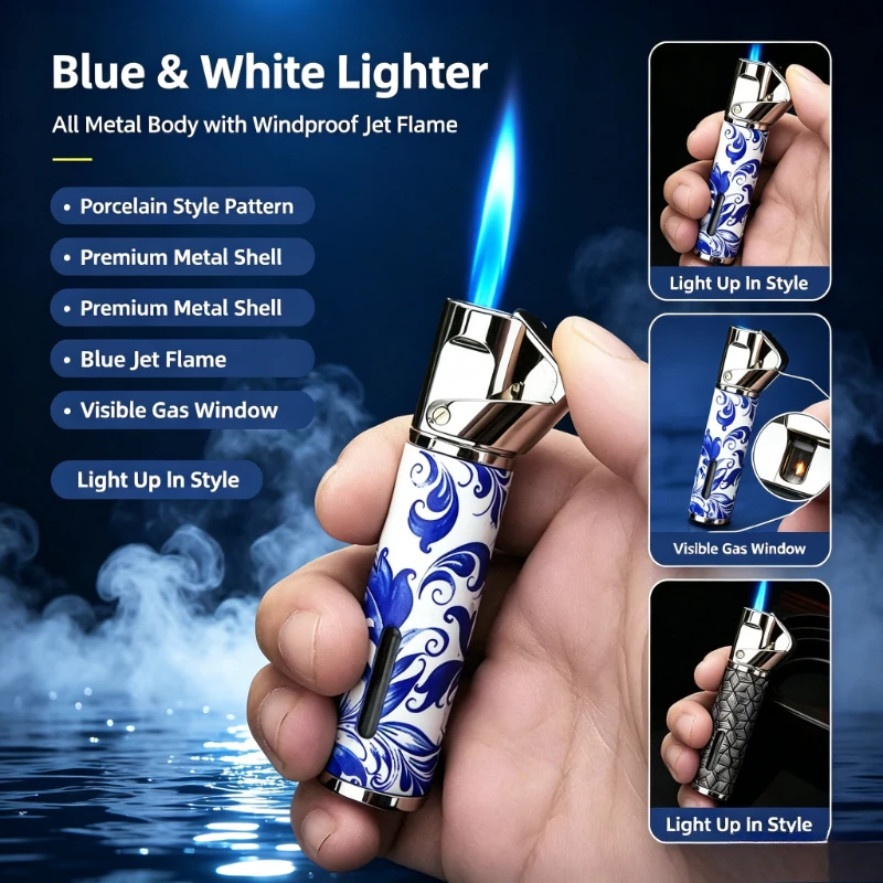 Men’s Cigar Metal Lighter, Compact Portable Windproof Design, Custom Color Printing Pattern, Practical Holiday Present