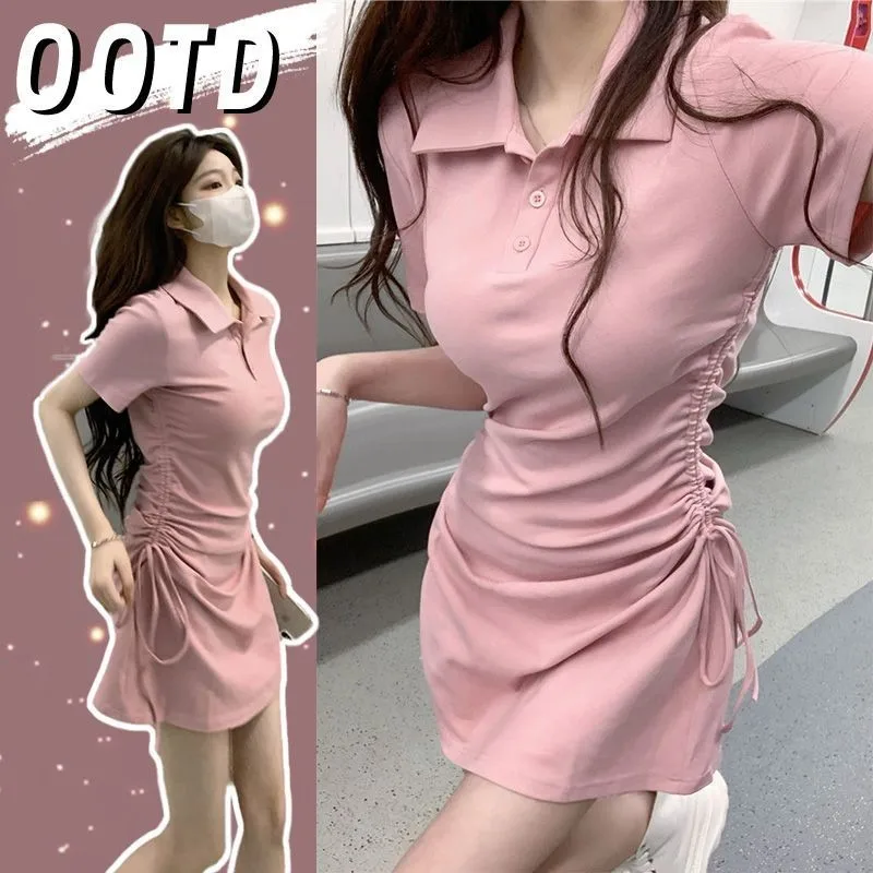 Polo Collar Dress Female Spring Han Edition New Cultivate One's Morality Show Thin Rope Sweet Spice Bag Hip Little Black Skirt