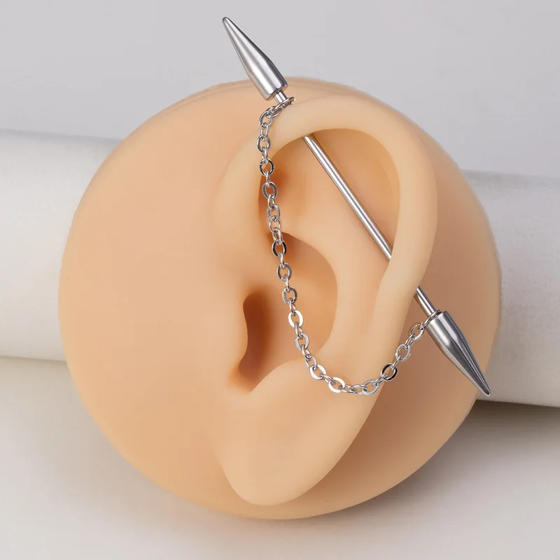 1pc Surgical Steel Industrial Piercing Barbell with Chain Cartilage Earrings Long Ear Stud Helix for Women Men Body Jewelry 38mm