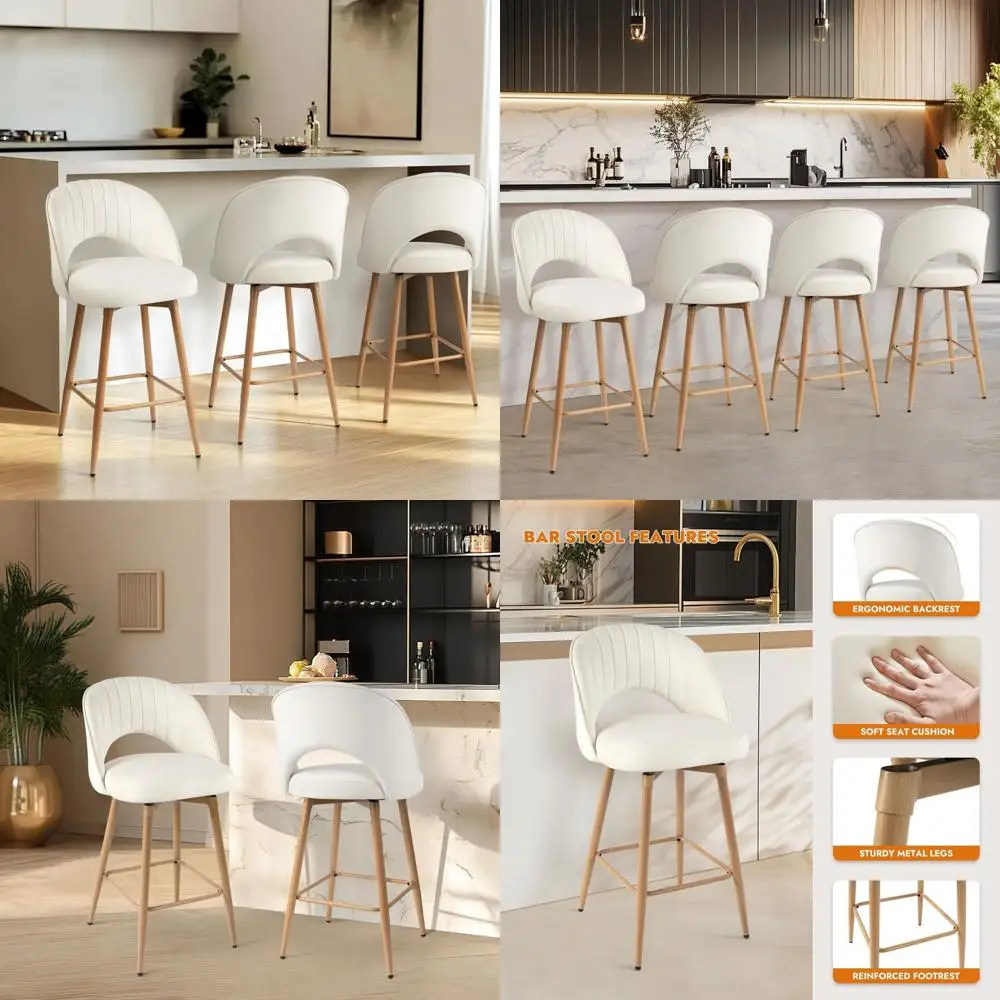 

Набор из 3 белых барных стульев из вельвета, высота 66 см, с спинкой и подставкой для ног, для кухонного острова или столовой