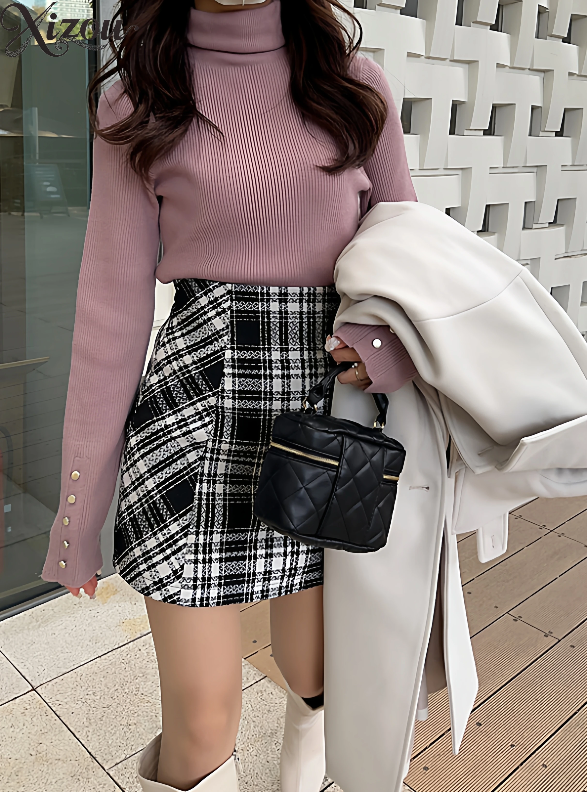 Zoete Vintage Chic A-lijn Contrast Kleur Geruite Rok Vrouwen Rits Elastische Taille Kantoor Dame Herfst Winter Korte Rokken Japans