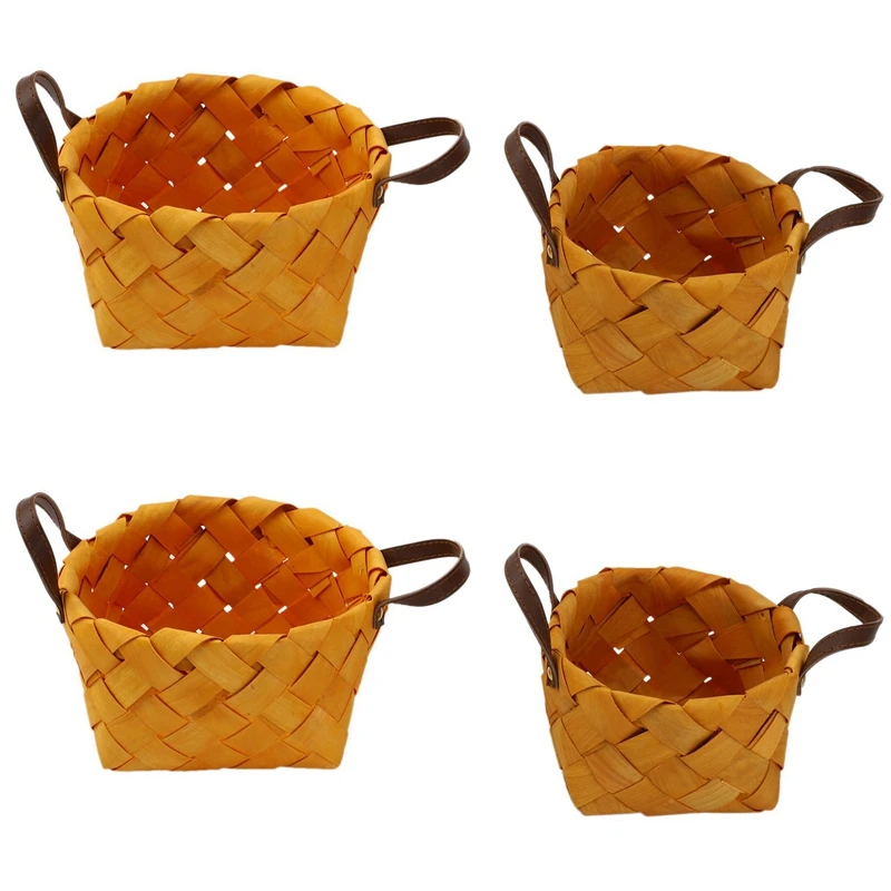 

4 Pcs Hand Woven Bread Fruit Storage Basket Wood Chip Woven Storage Box Japanese Round Food Tray