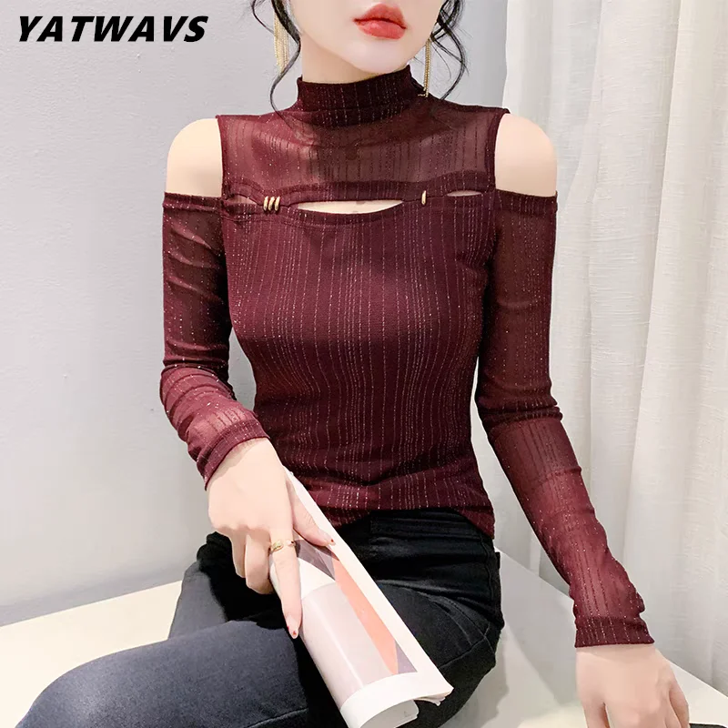 

Runway New European Clothes Women T-Shirt Chic Sexy Off Shoulder Long Sleeve Mesh Top Fashion Turtleneck Shiny Elastic Slim Tees