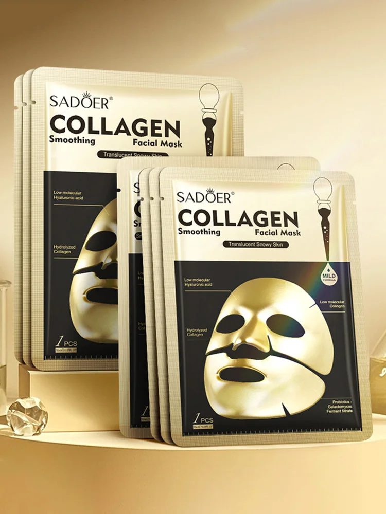 SADOER Kollagen-Gold-Gesichtsmaske, 10er-Pack, Feuchtigkeitsspendende, Durchscheinende Gesichtsmaske mit Hydrolysiertem Kollagen und Hyaluronsäure, Nährende, Straffende Maske für Trockene, Raue Haut,