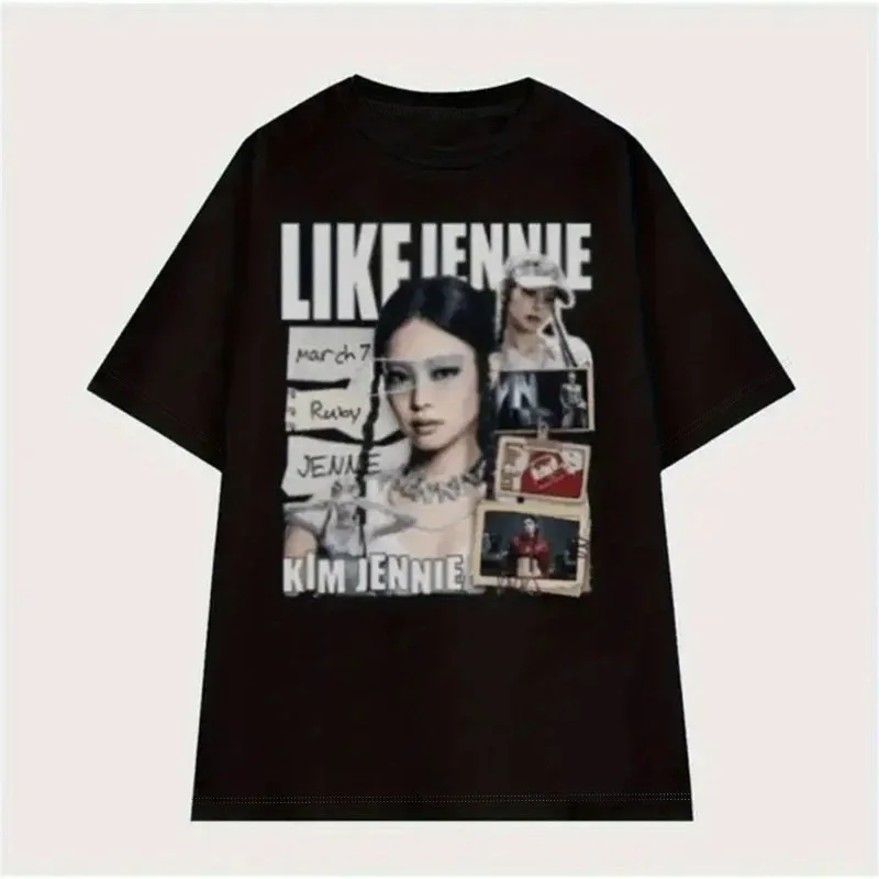 Camiseta con cuello redondo y estampado Kim Jennie para mujer, de manga corta para todas las estaciones, fácil y elegante para combinar en capas en otoño e invierno