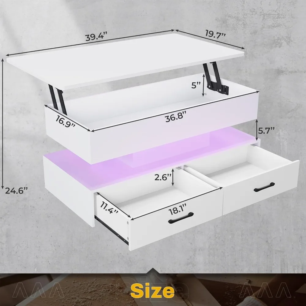 Stolik kawowy z oświetleniem LED i szufladami do salonu, kompaktowa konstrukcja z podnoszonym blatem.