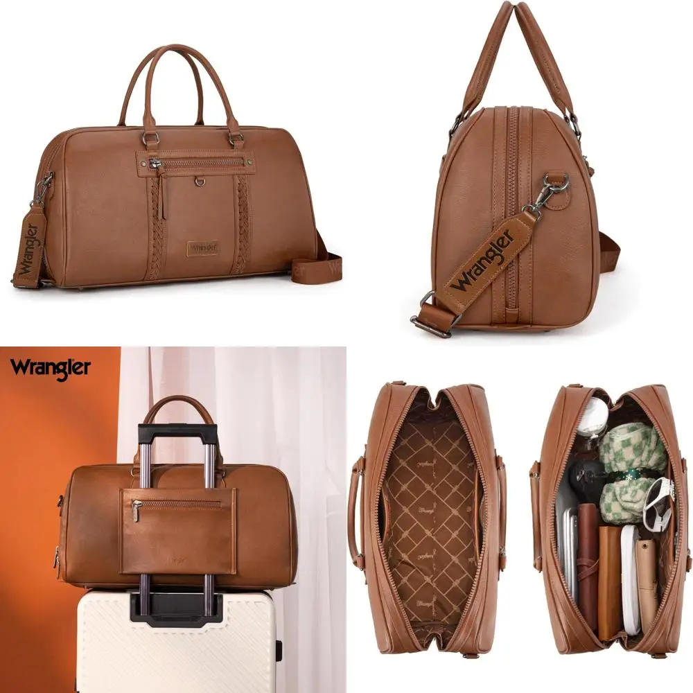 

Wrangler Travel Duffel Bag Large Weekender Bag for Women Designer Carry on Overnight Bag for Trips Leather Luggage Bag Brown