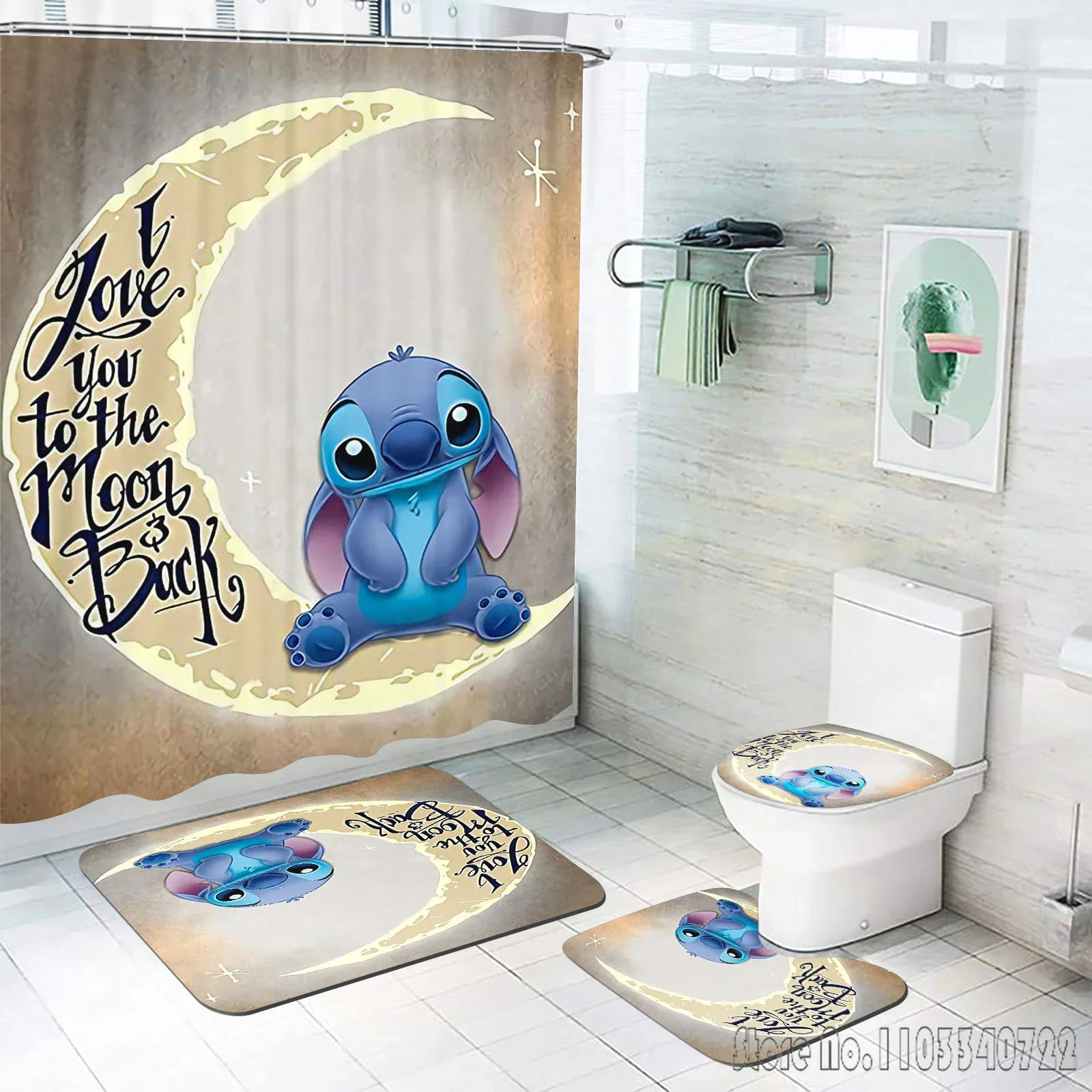 Stitch Anime Home 100% poliester Akcesoria łazienkowe 4-częściowy zestaw Maty i zasłony prysznicowe Zestawy luksusowych wodoodpornych