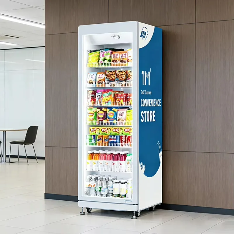 AI Fully Automatic Gravity Door Vending Machine LCD Display Credit Card NFC Operated Stainless Steel Compressor Cooling SDK OME